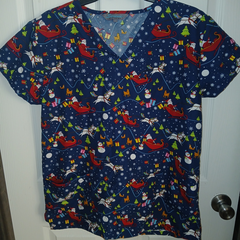 Serene Uniforms Womens Small Scrub Top Blue Christmas Santa Claus Unicorns